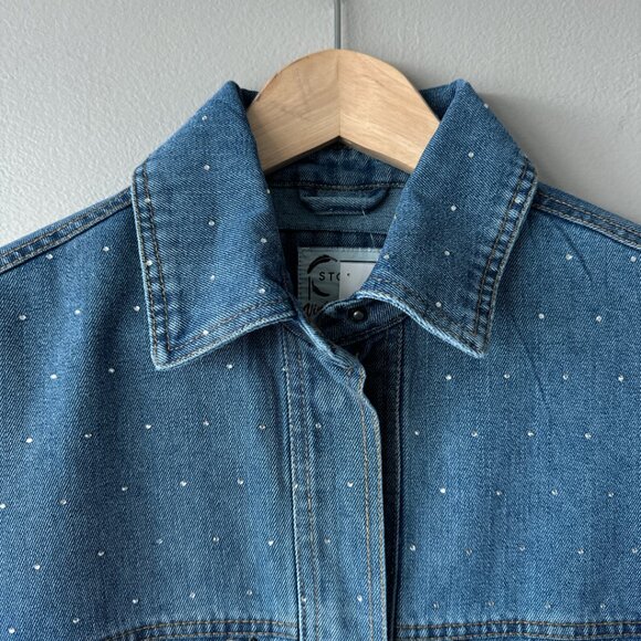 Stoosh Vintage Denim Studded Rhinestone Shacket NWT! Western jean jacket large - Picture 4 of 16